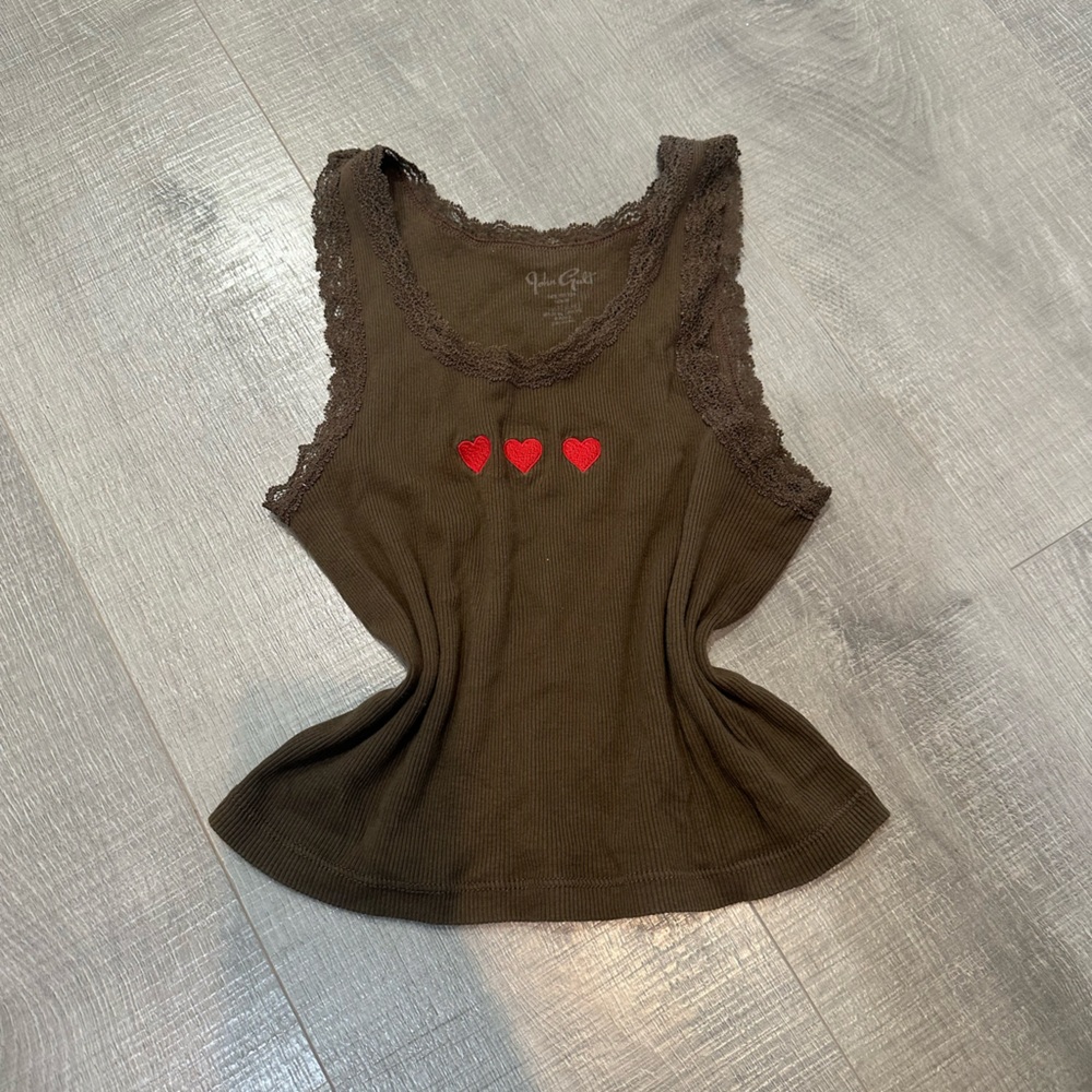 Brown Lace Trim Tank Top with Red Hearts
